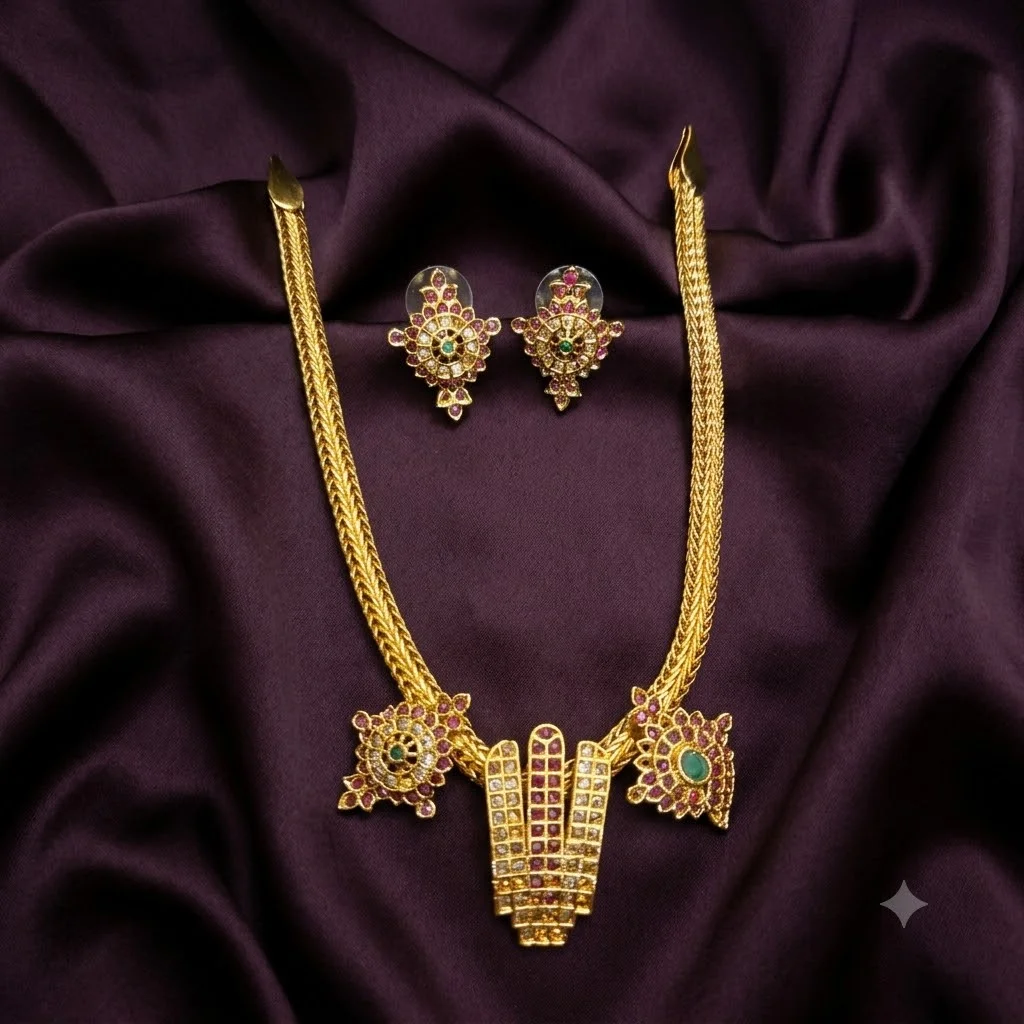 Beautiful Shanku Chakra & Lord Balaji Naama Necklace with Earrings- NN0006
