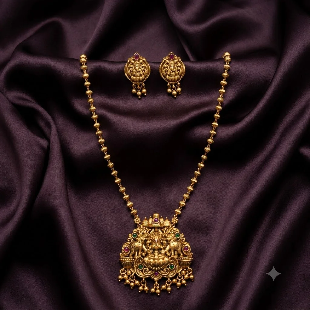 Beautiful Goddess Laxmi Pendent Haram with Earrings- NH0004