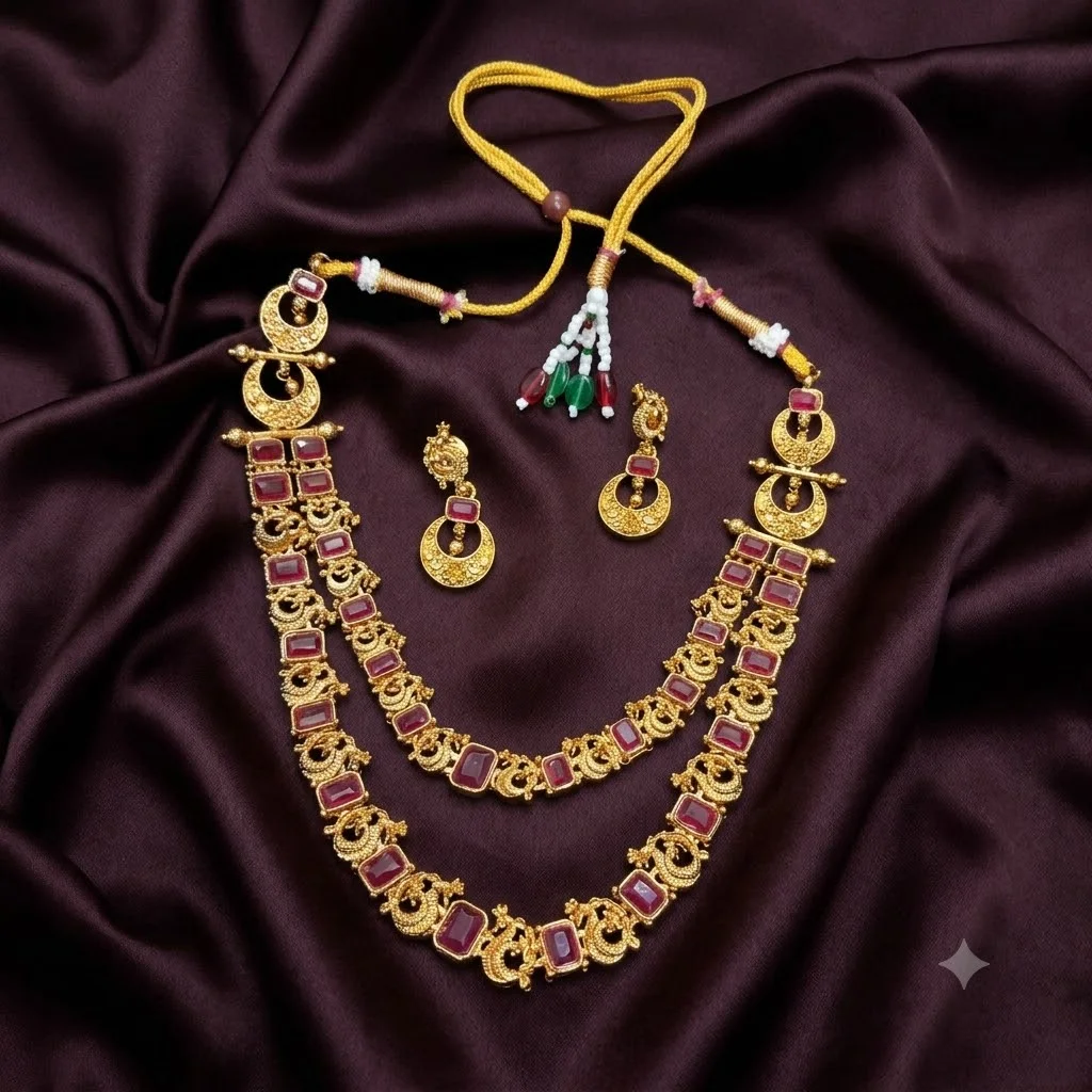 Beautiful Double Layered Necklace with Earrings-NN0012