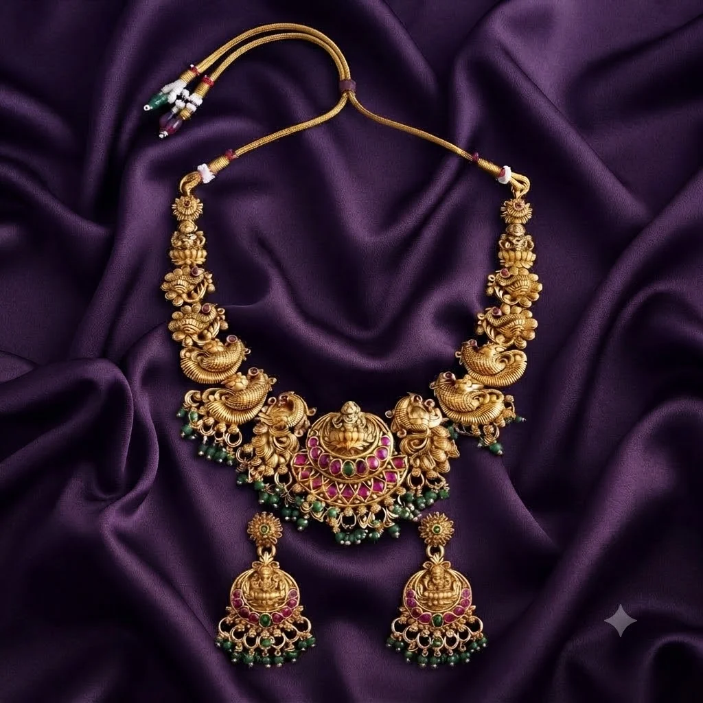Beautiful Nakshi Goddess Laxmi Necklace with Earrings- NN0073