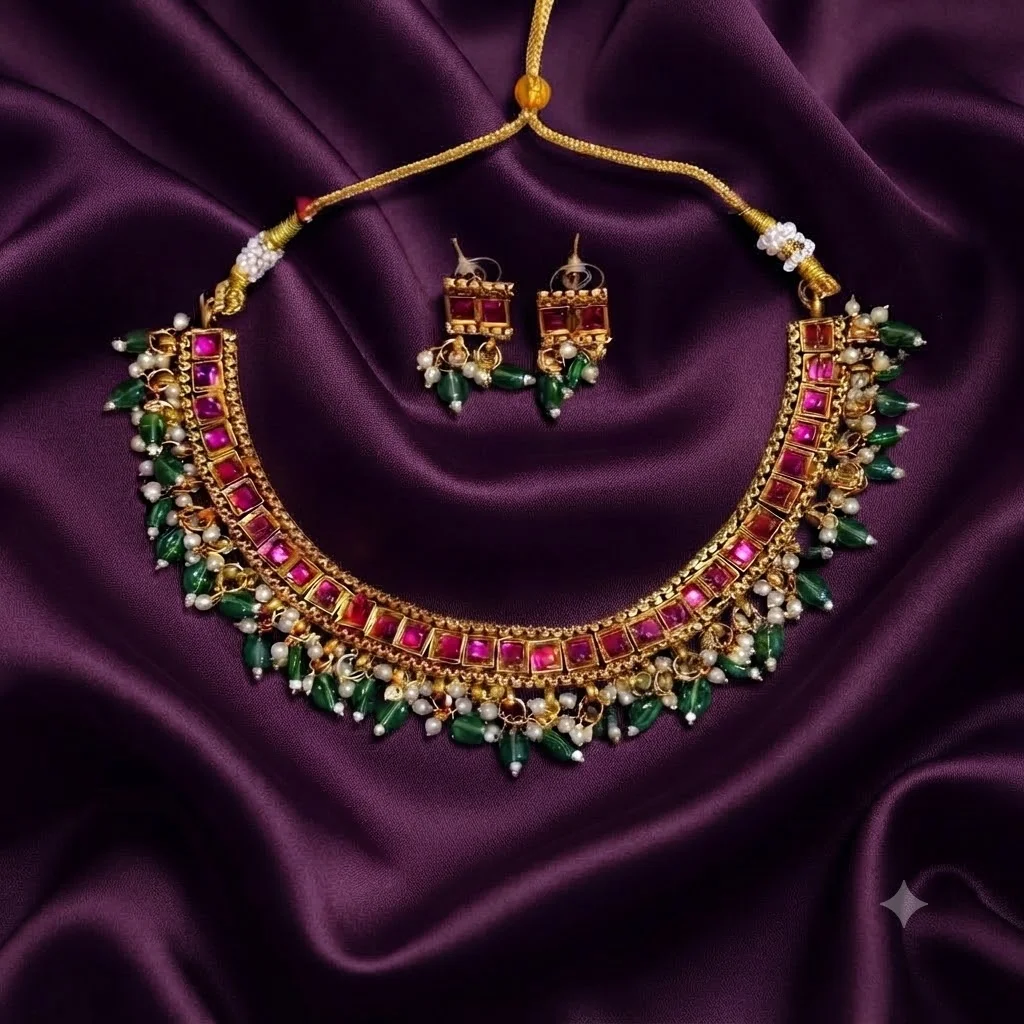 Kempu Pota Stone Cute Neckalce With Earrings - SNN001003
