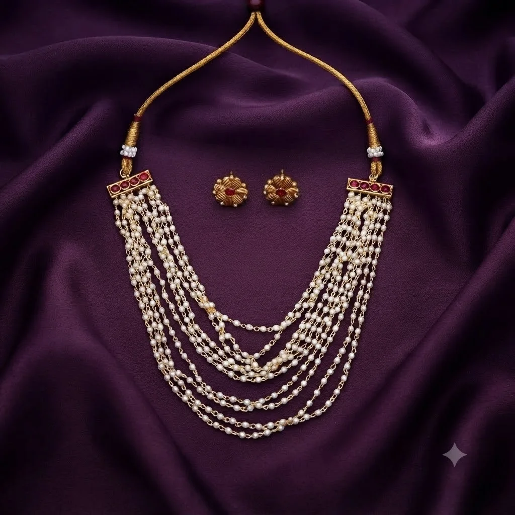 Pearl Layer Necklace With Kemp Stone And Earrings - SNN0017