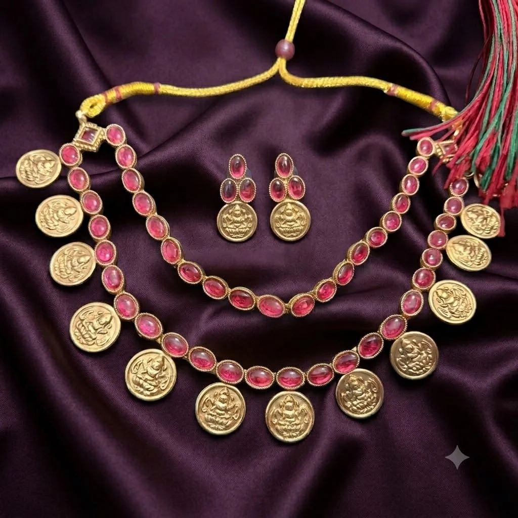 Beautiful Laxmi Kaasu Double layered Necklace with Earrings-NN0025