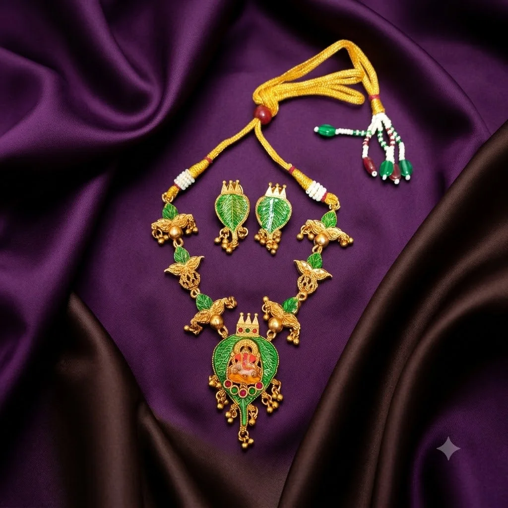 Beautiful Nakshi Lord Ganesha Necklace with Earrings- NN0044