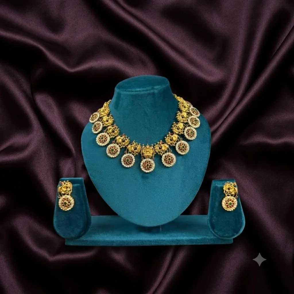 Beautiful Antique Finish Bottu Billa Necklace with Earrings- NN0051