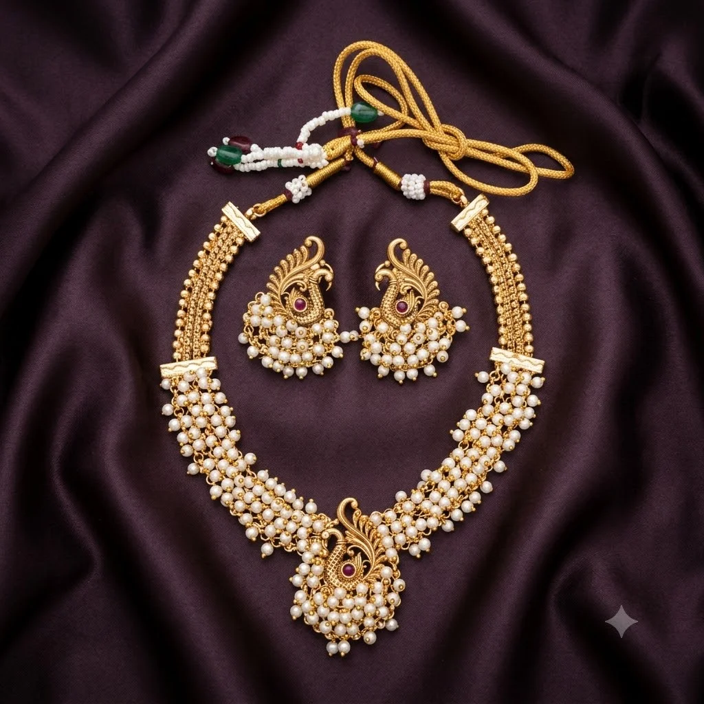 Beautiful Peacock and Pearls Necklace with Earrings- NN0055