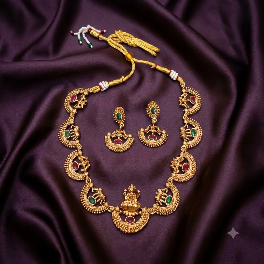 Beautiful Nakshi Goddess Laxmi Necklace with Earrings- NN0060
