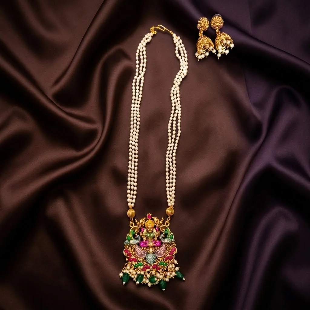 Beautiful White Pearls Goddess Laxmi Haram with Earrings- NH0055