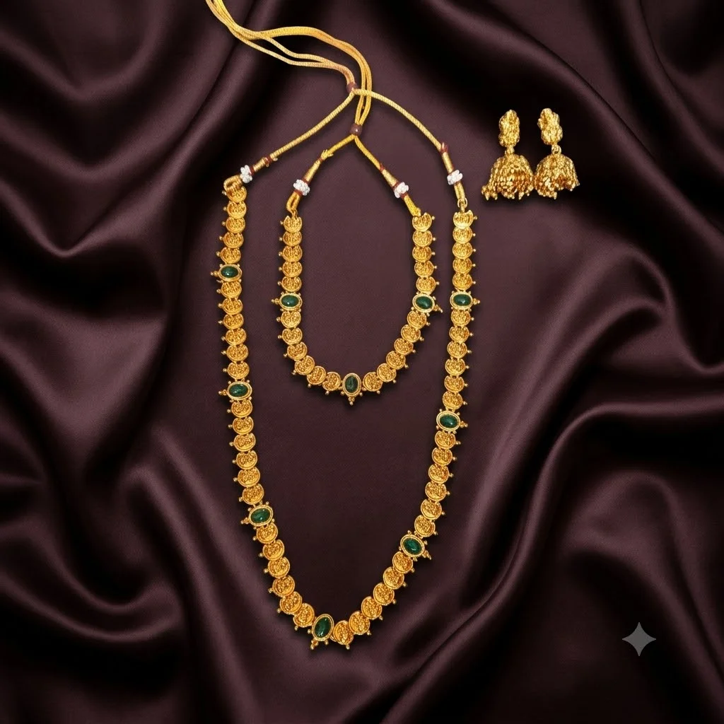 Beautiful Goddess Laxmi Kaasu Long & Short Haram Combo Set with Earrings- NH0056