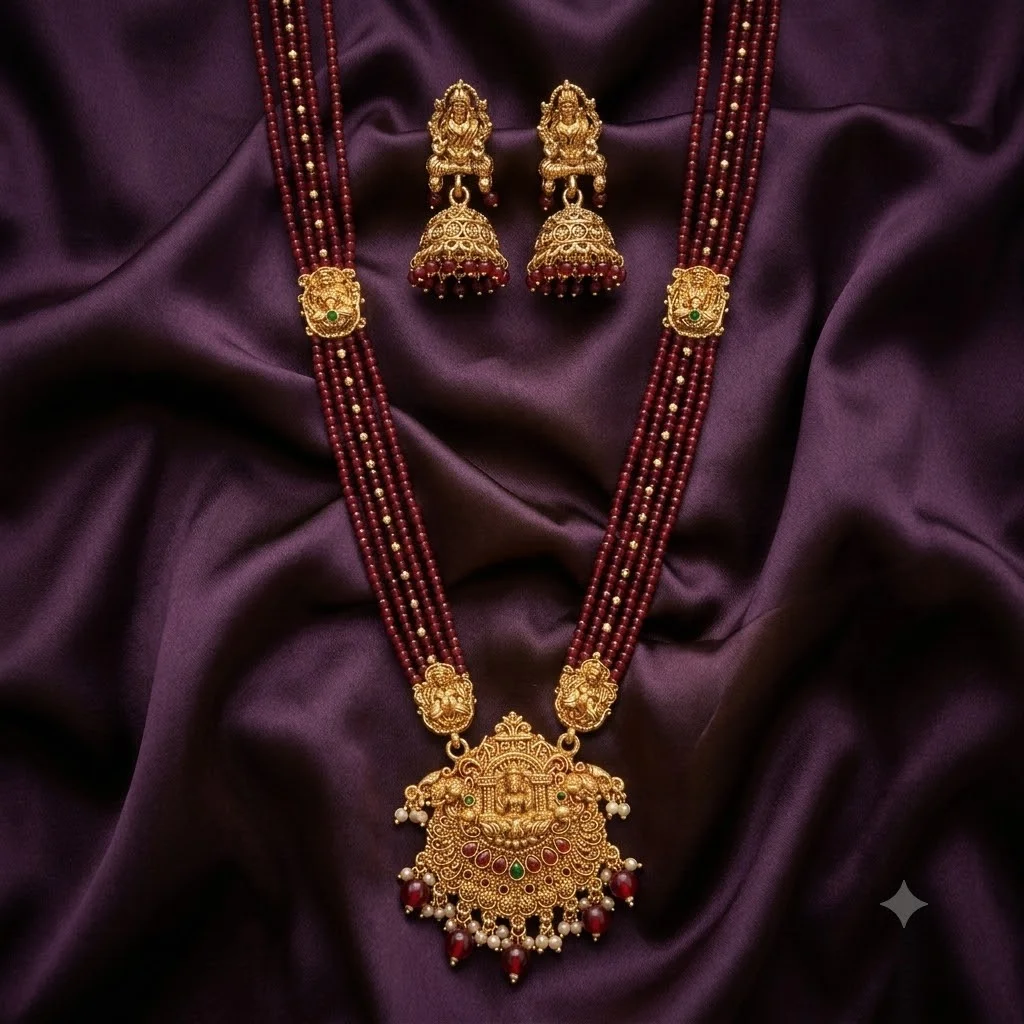Beautiful Nakshi Red Pearls Laxmi Haram with Earrings- NH0057