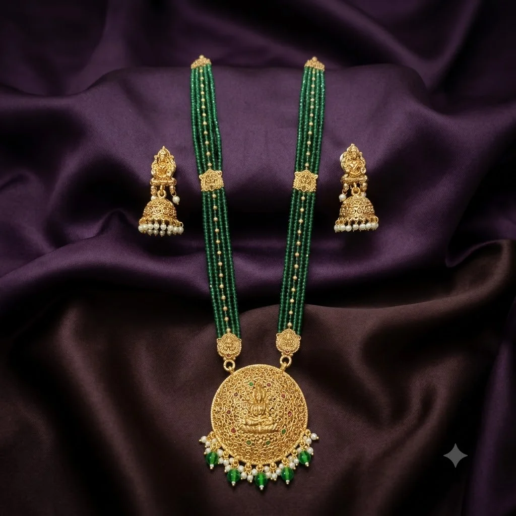 Beautiful Nakshi Green Pearls Laxmi Maa Haram with Earrings- NH0059