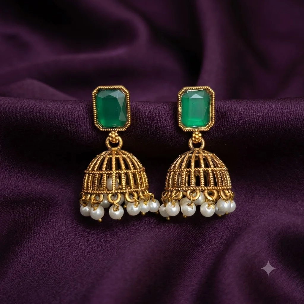 Beautiful Antique Finish Green Stoned Earrings-ER0008