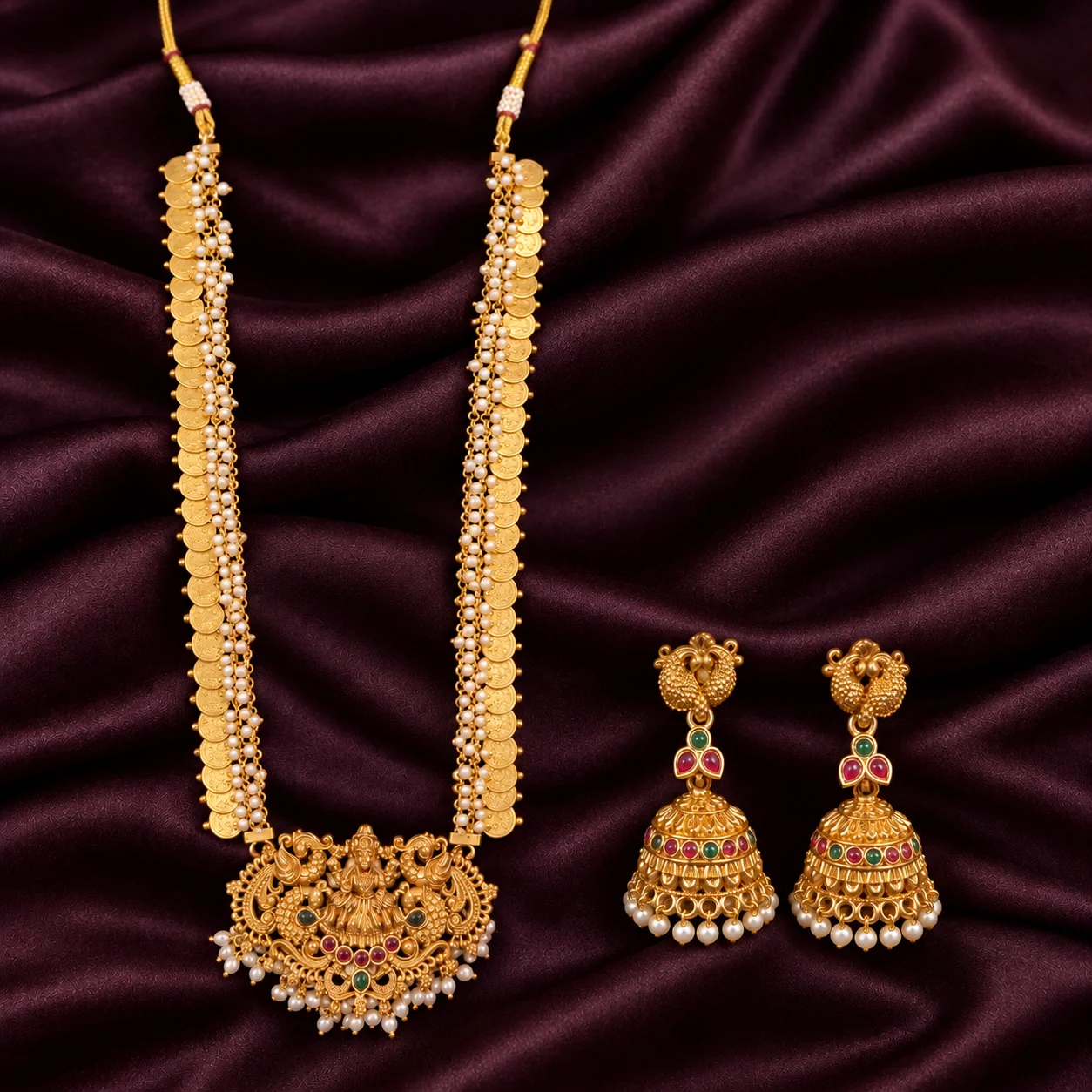 Beautiful Nakshi Goddess Laxmi Long Haram with Earrings- NH0062