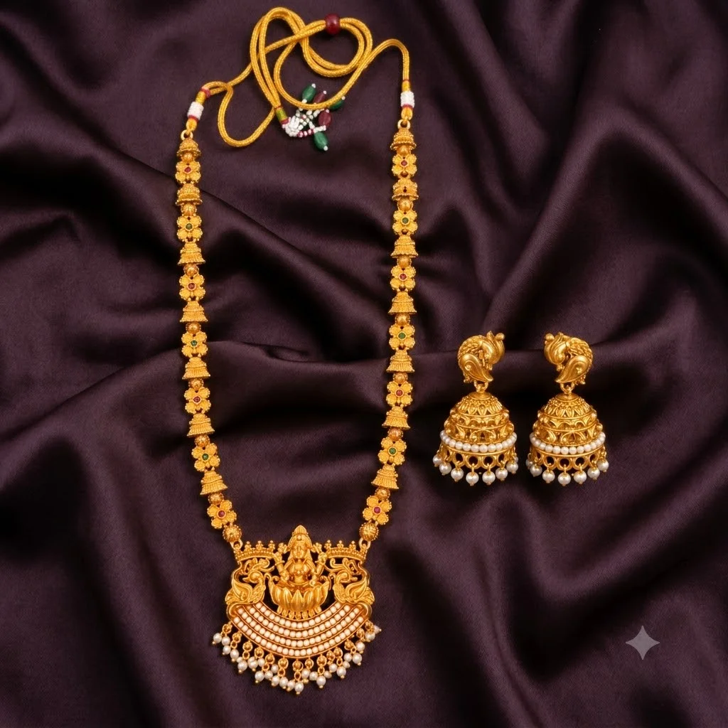 Beautiful Nakshi Goddess Laxmi Long Haram with Earrings- NH0063