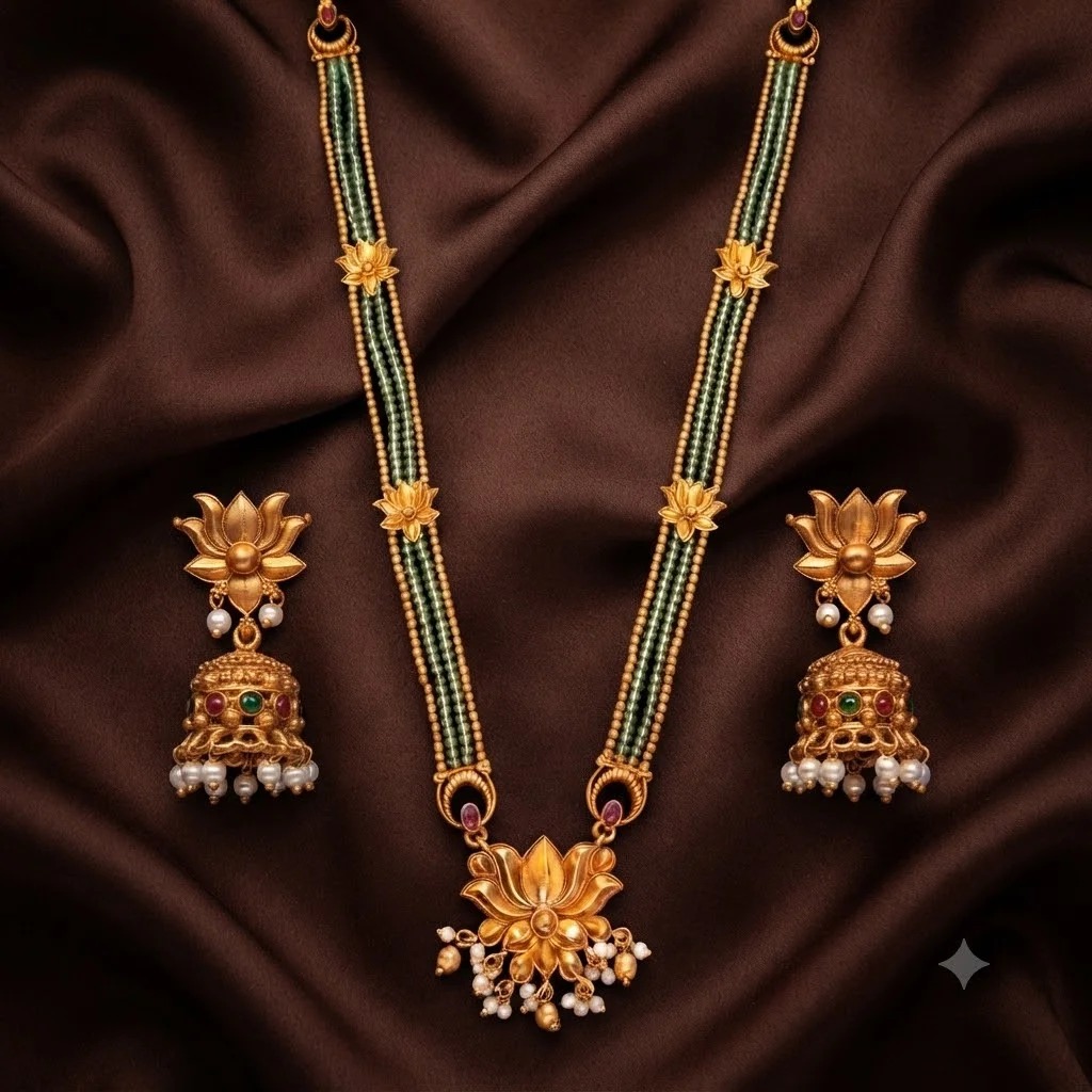 Beautiful Nakshi Lotus Long Haram with Earrings- NH0066