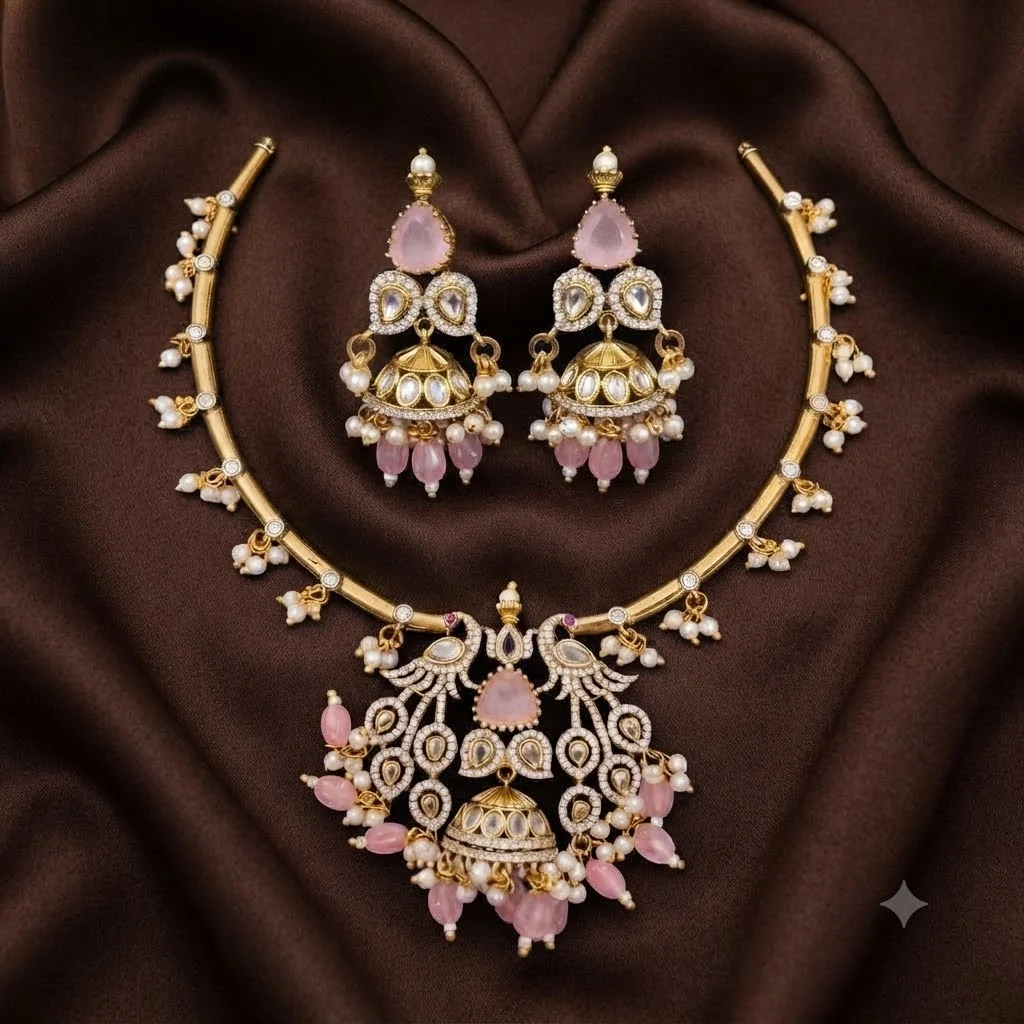 Beautiful Pink Stoned Necklace with Earrings- NN0067