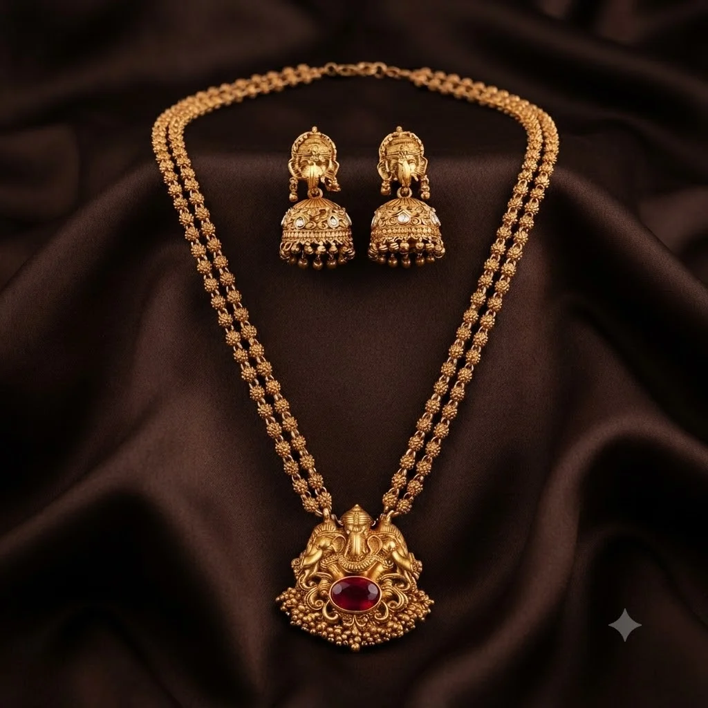 Beautiful Nakshi  Lord Ganesha Haram with Earrings- NH0068