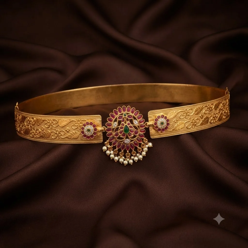 Kempu Waist Belt With Peacock Pendant - SWB0012