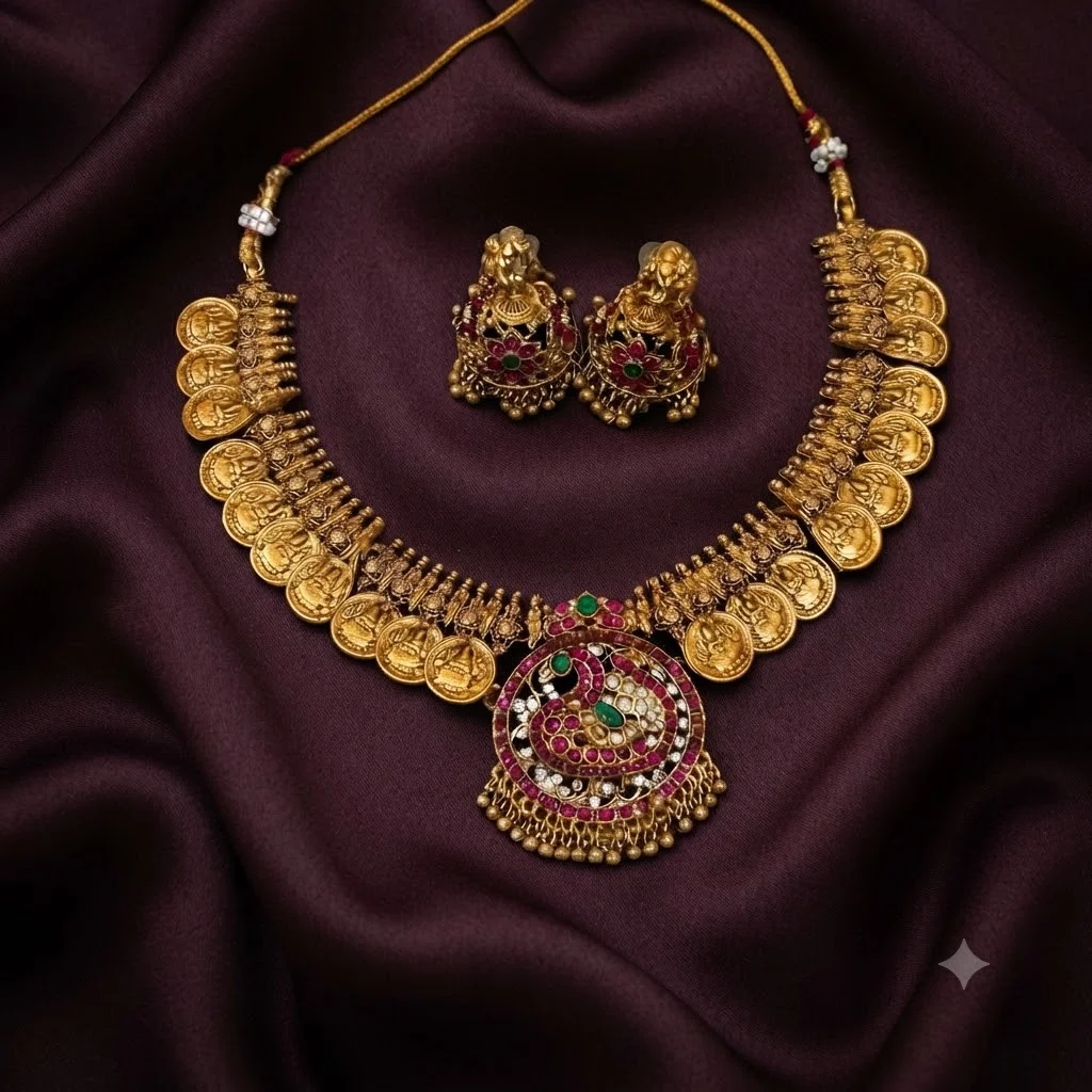 Kaasu necklace With Kempu Peacock Pendant and Jhumki - SNN0050