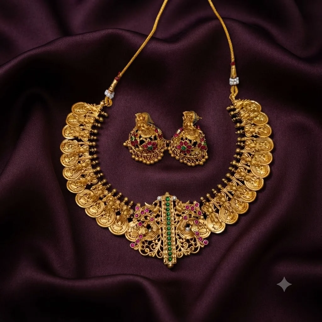 Kaasu Nakshi Necklace With Green And Red Stones -SNN0038