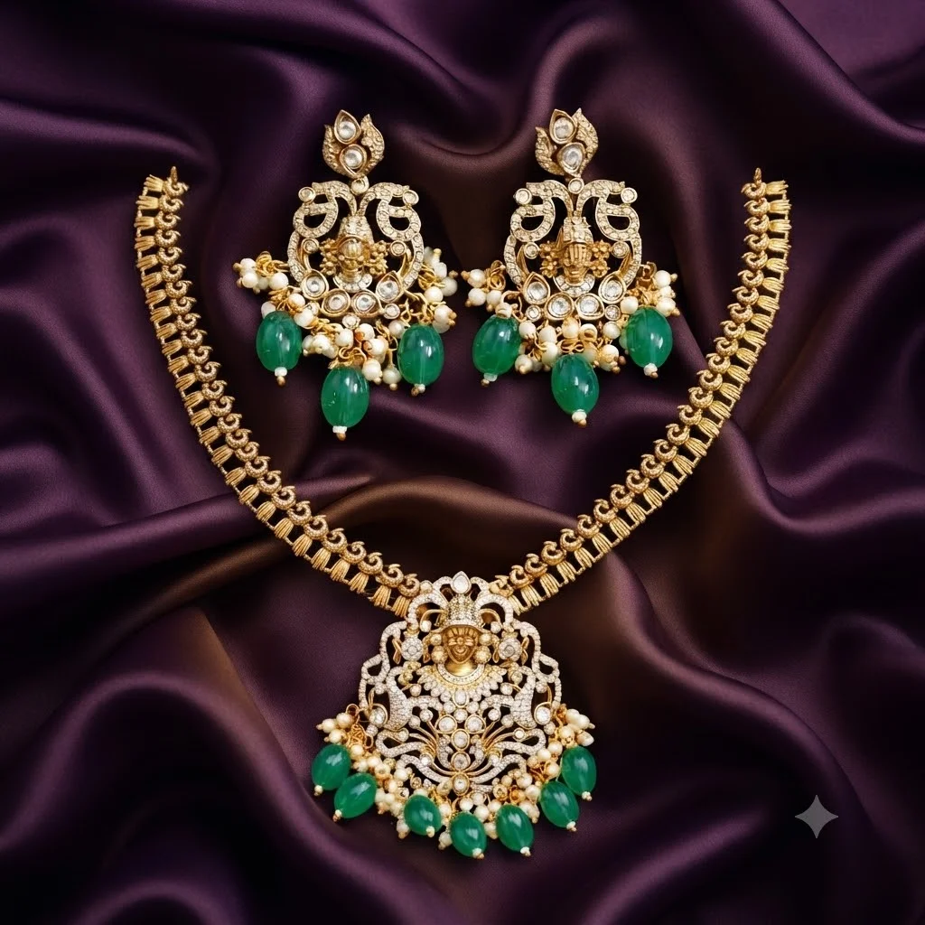 Beautiful Nakshi  & CZ Necklace with Earrings- NN00103