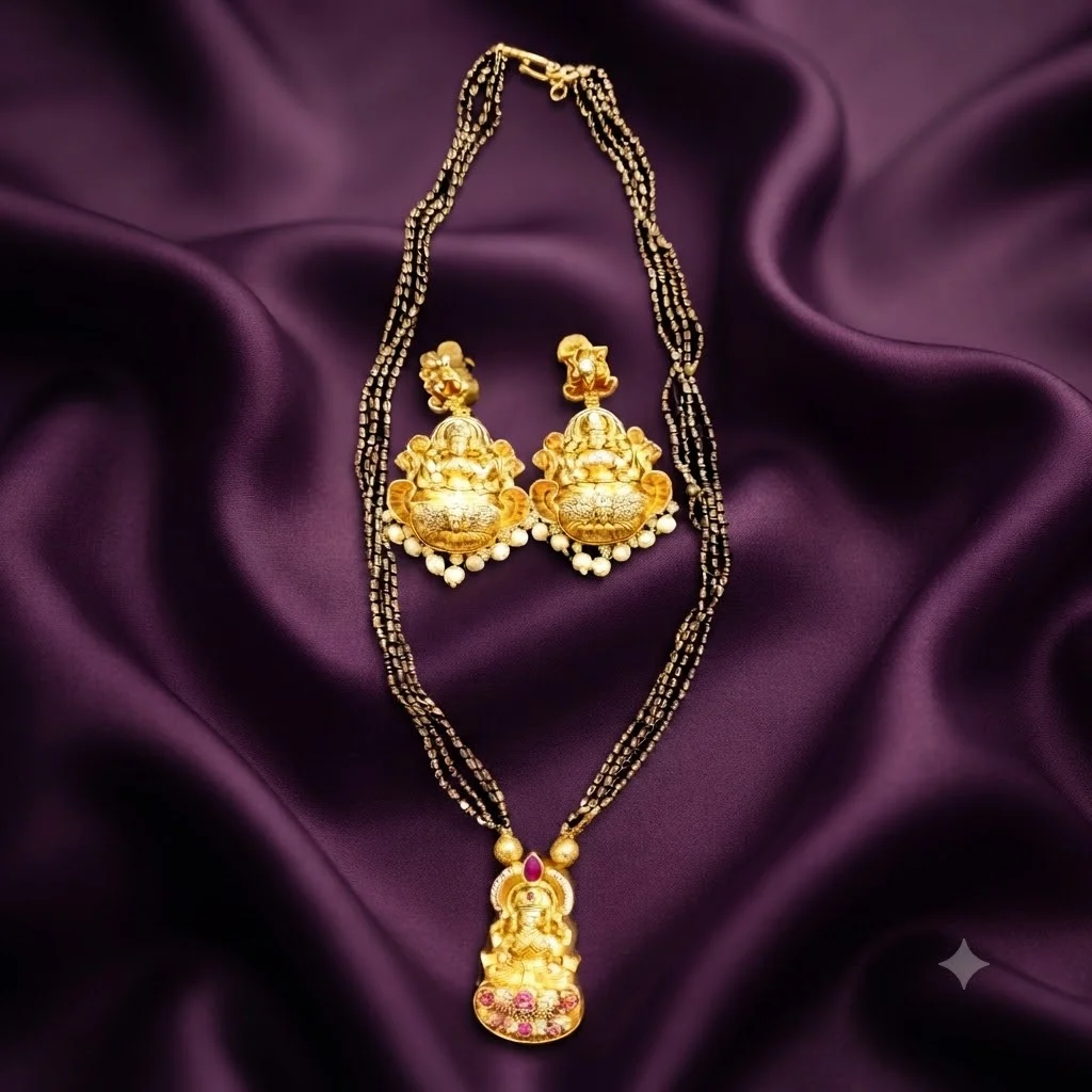 Beautiful Nakshi Black Beards Haram with Earrings- NH00106
