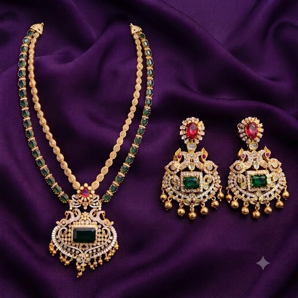 Beautiful Nakshi and CZ Haram Combo Set with Earrings- NH00108