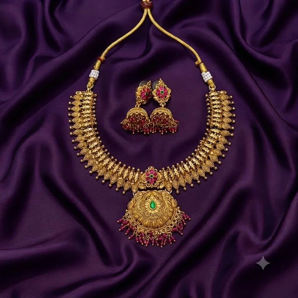 Beautiful Antique Finish Kempu Necklace (Red) - SNN00892-R