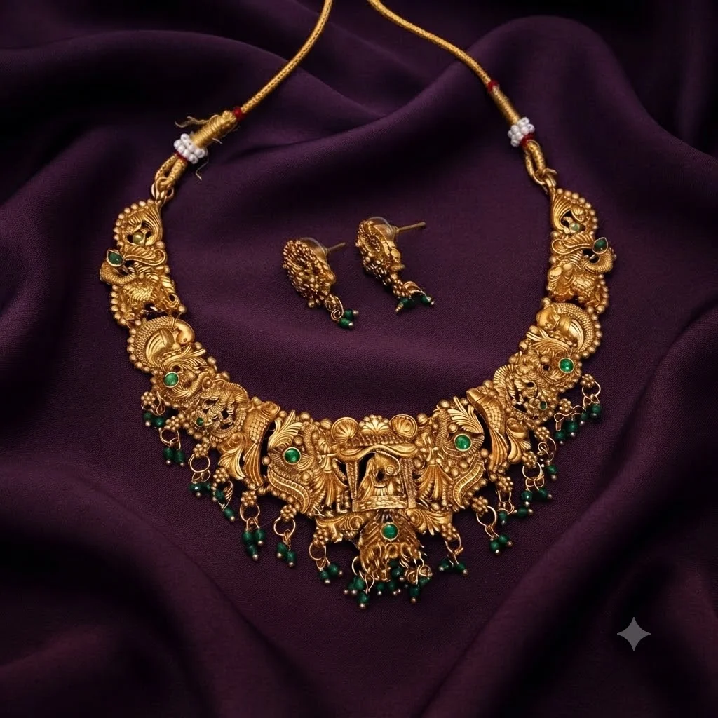 Antique Neck Length Necklace with Emerald Beads - SNN00974