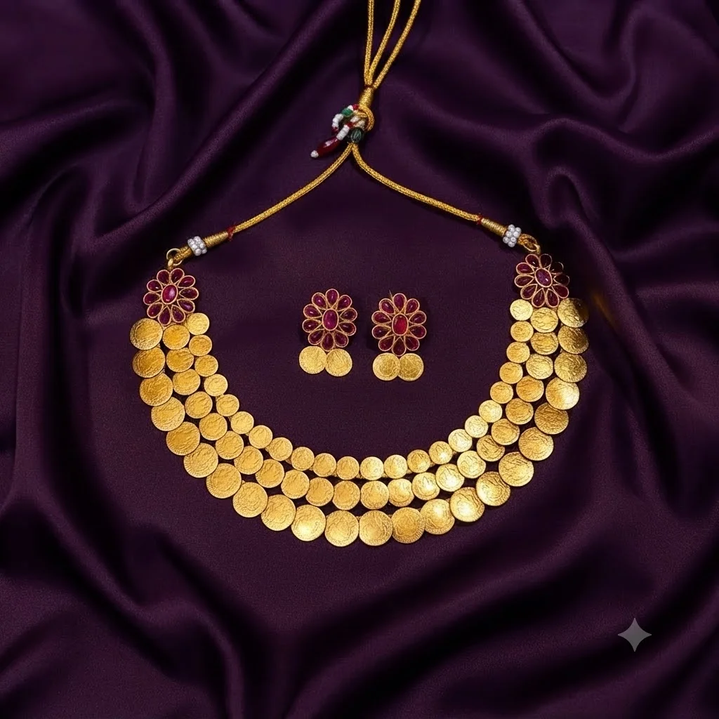 Double Step Kaasu Necklace with Kempu Stone - SNN0020