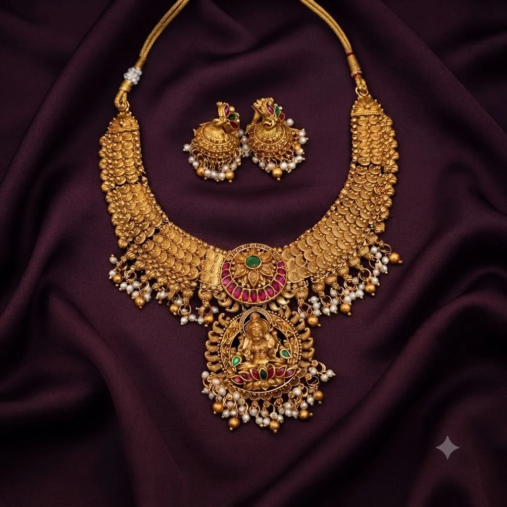 Antique Finish Lakshmi Necklace With Pota Stones - SNN00691