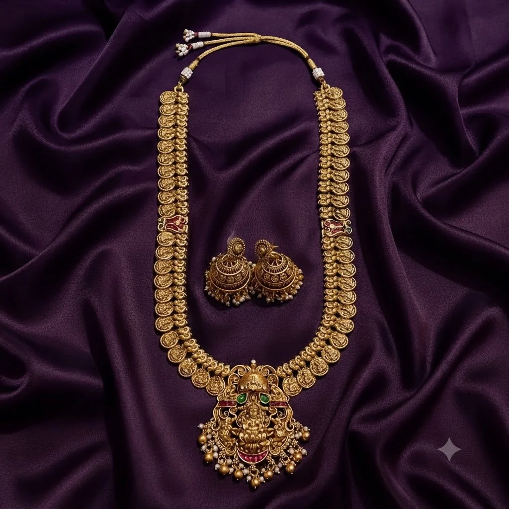 Kaasu Long Lakshmi Haram With Jhumkis - SNH00491