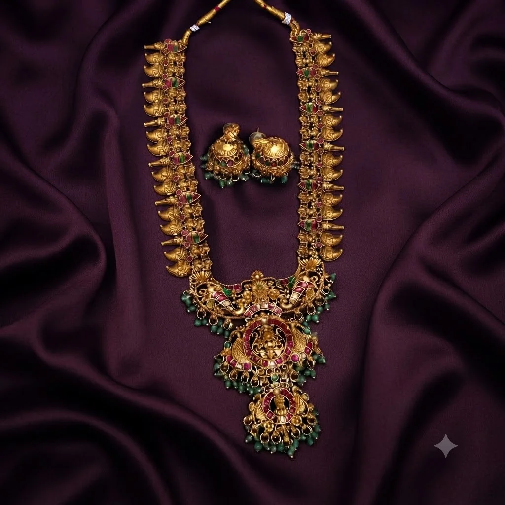 Antique Mid Length Lakshmi Haram With 3 step Pendant - SNH00271