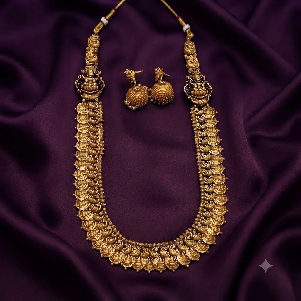 Antique Finish Laksmi Kaasu Haram With Jhumkis - SNH00223