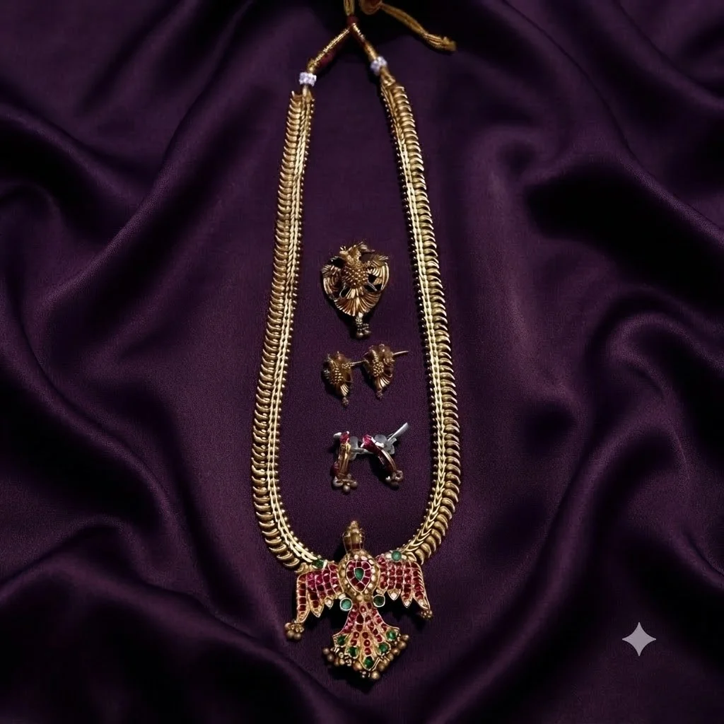Long Chain With Gandaberunda 2 pendants and earrings -SNH00515