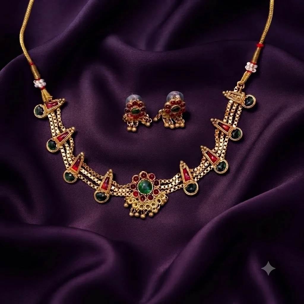 Traditional Ruby and Emerald Design Necklace with Flower in Nakshi - SNN00763