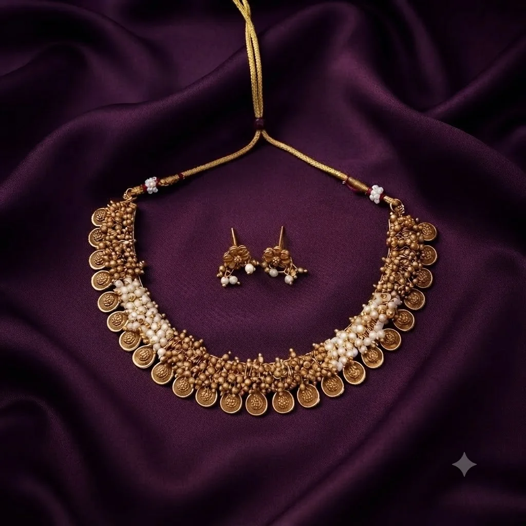 Gold and white Pearl Necklace in Nakshi - SNN00764