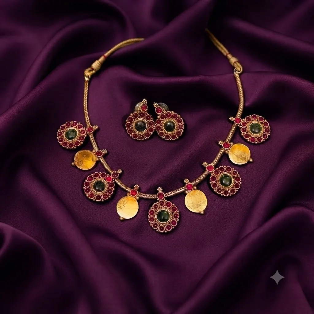Multicolor Flower and Lakshmi Kasu Necklace - SNN00483