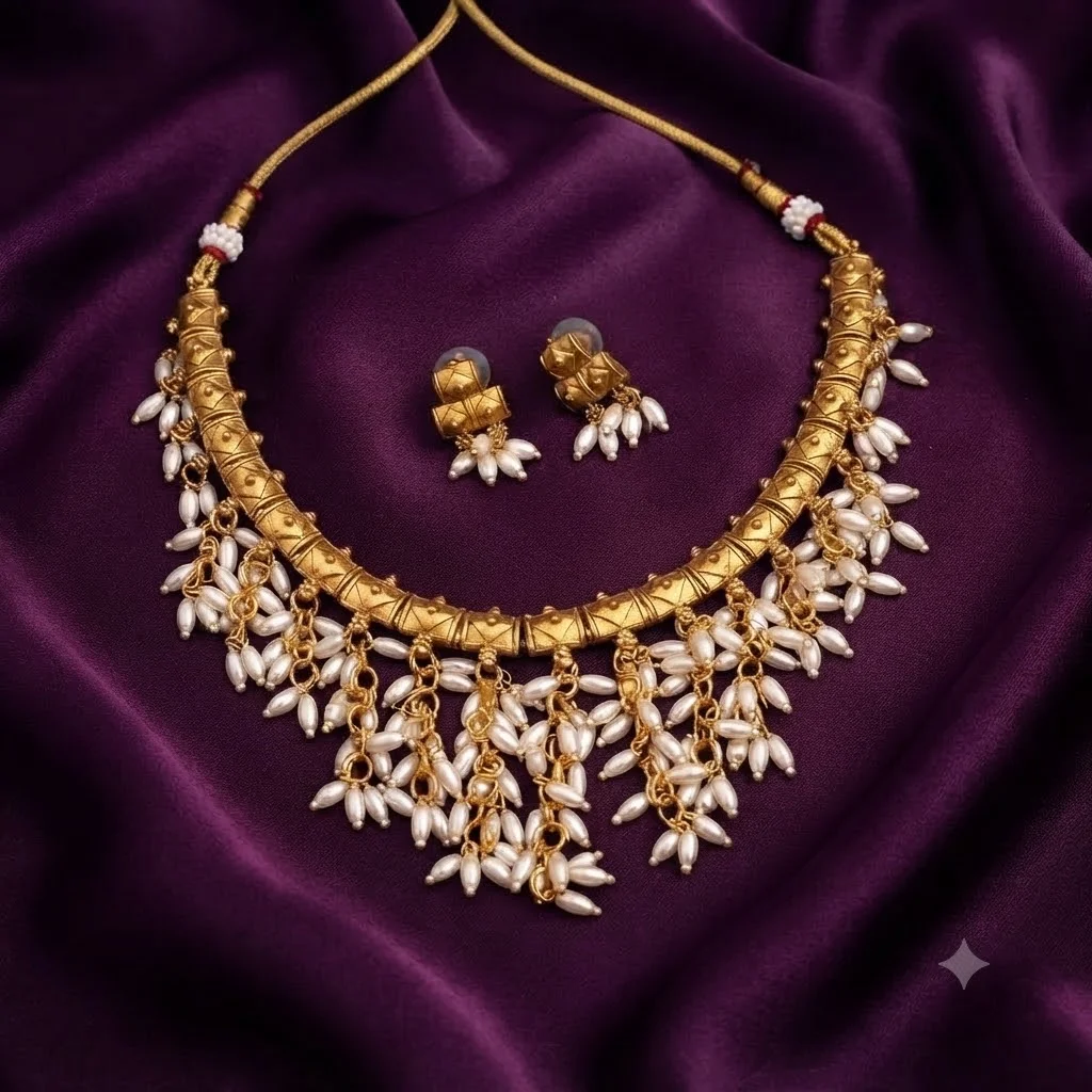 Kante Necklace with Rice Pearl Hugging in Nakshi - SNN00766