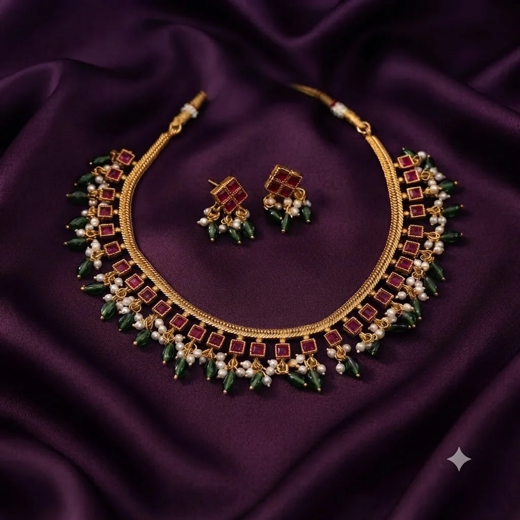 Ruby Necklace With Emerald Pearls - SNN00468