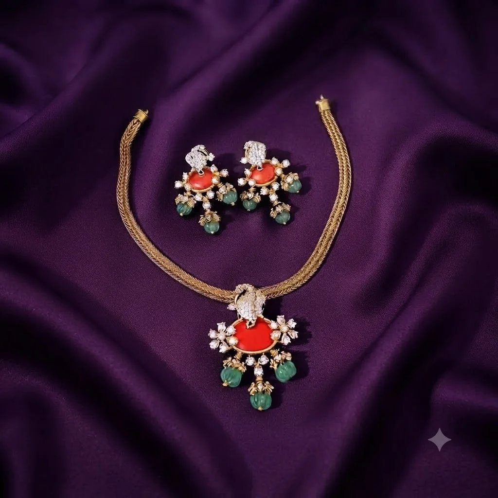 Victorian Neckless with Coral Pendant And Earrings - SVN002