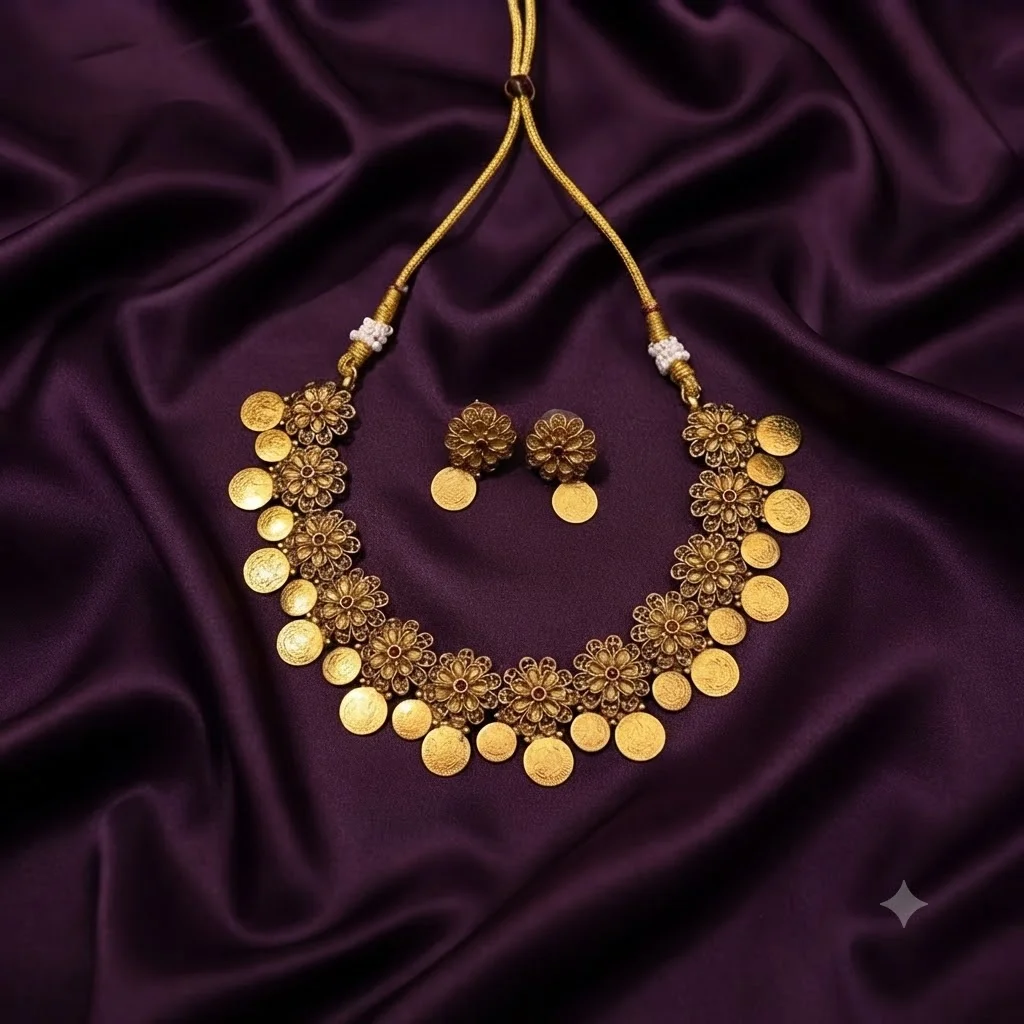 Antique Kaasu with Antique Flower Necklace in Nakshi - SNN00760