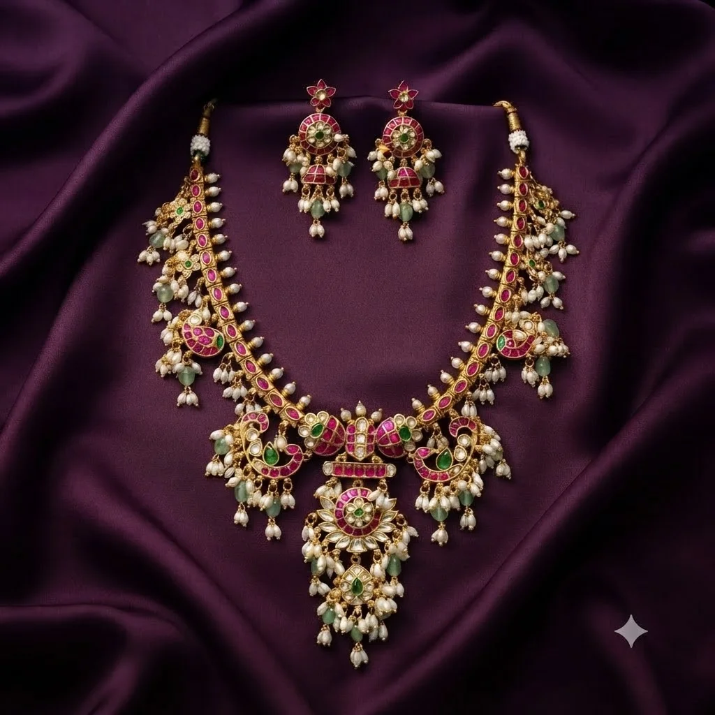 Jadau Neetha Ambani Set With Rice Pearls - SKN00403