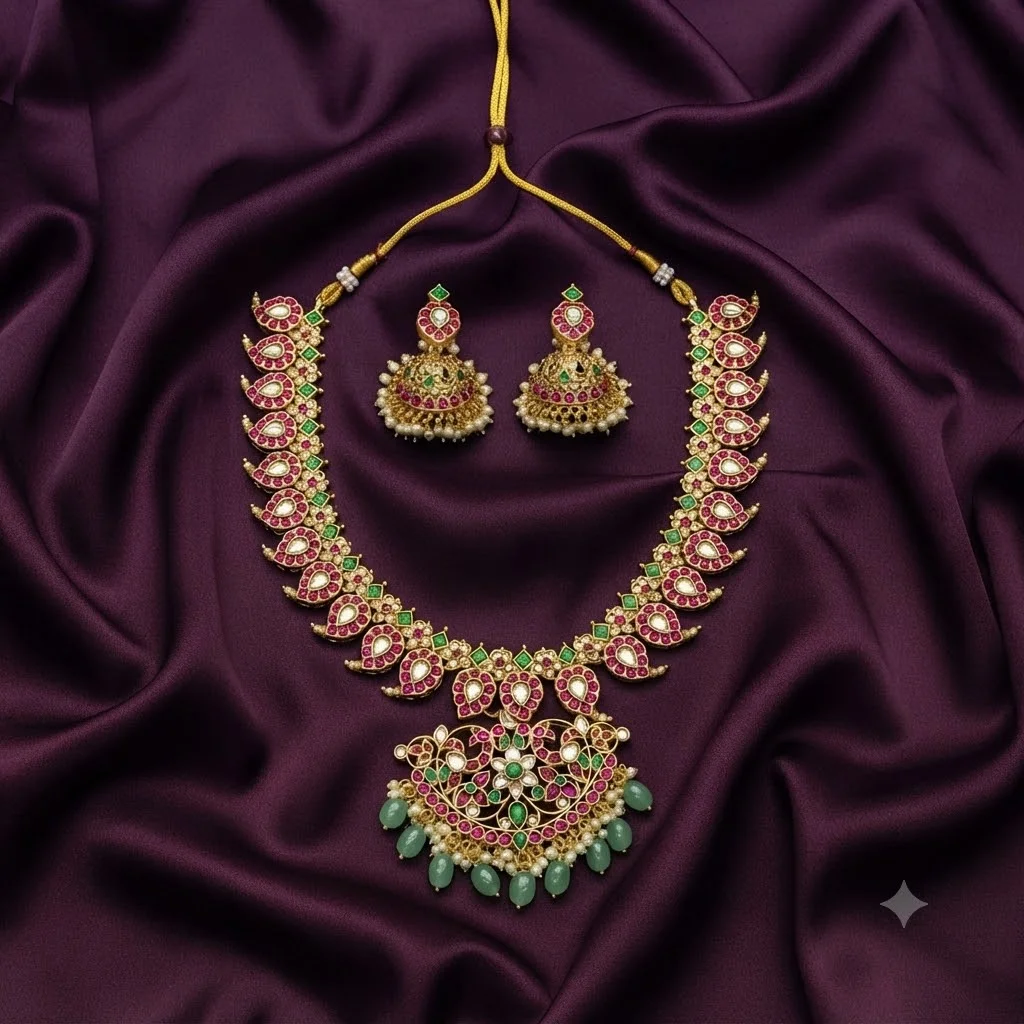 Jadau Mango Short Necklace With Jhumkis - SKN00620